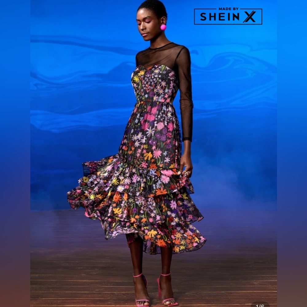Long black Floral Mesh Ruffle Dress